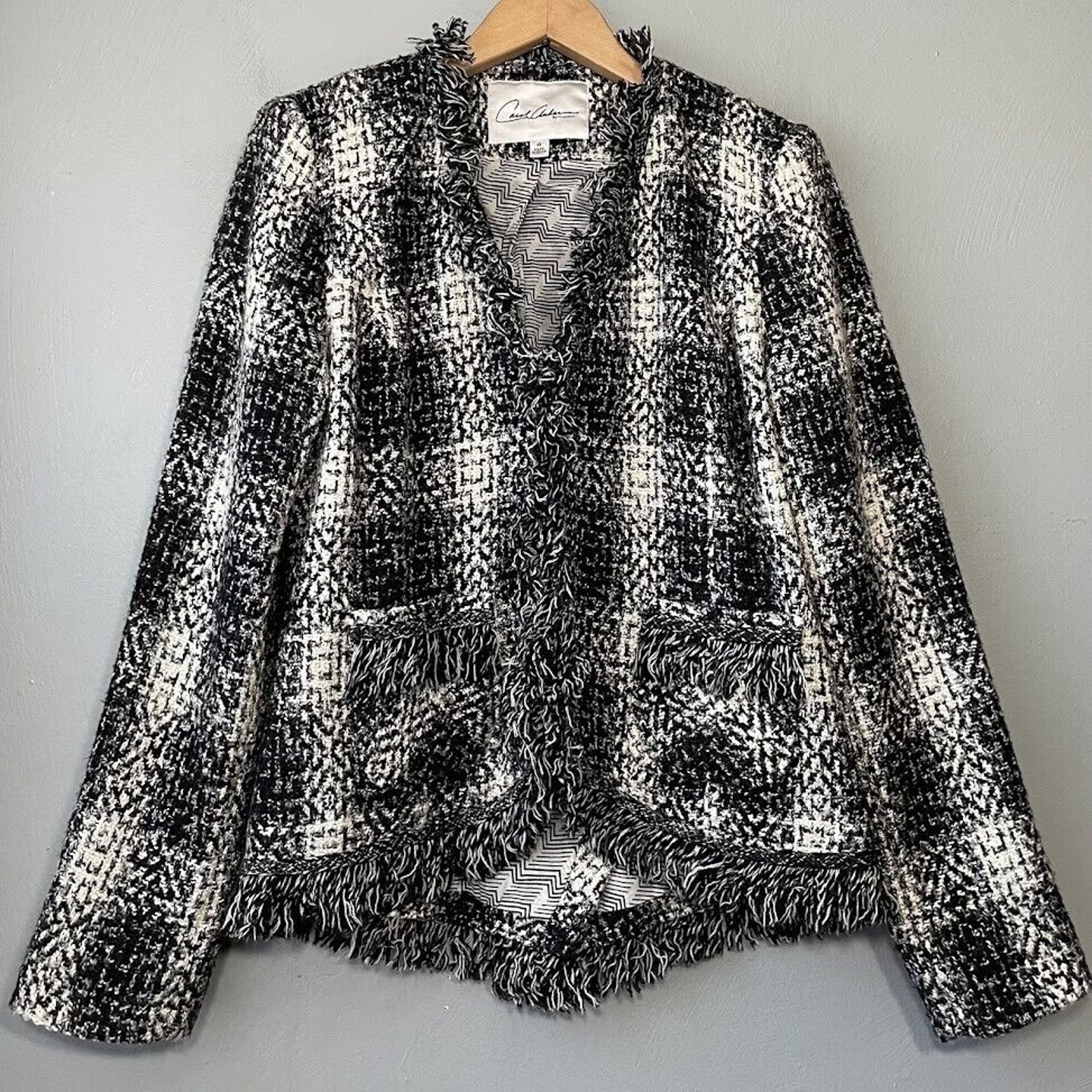 Fringed Tweed Jacket Size 4 Black White Blazer Office Siren Preppy Maximalist